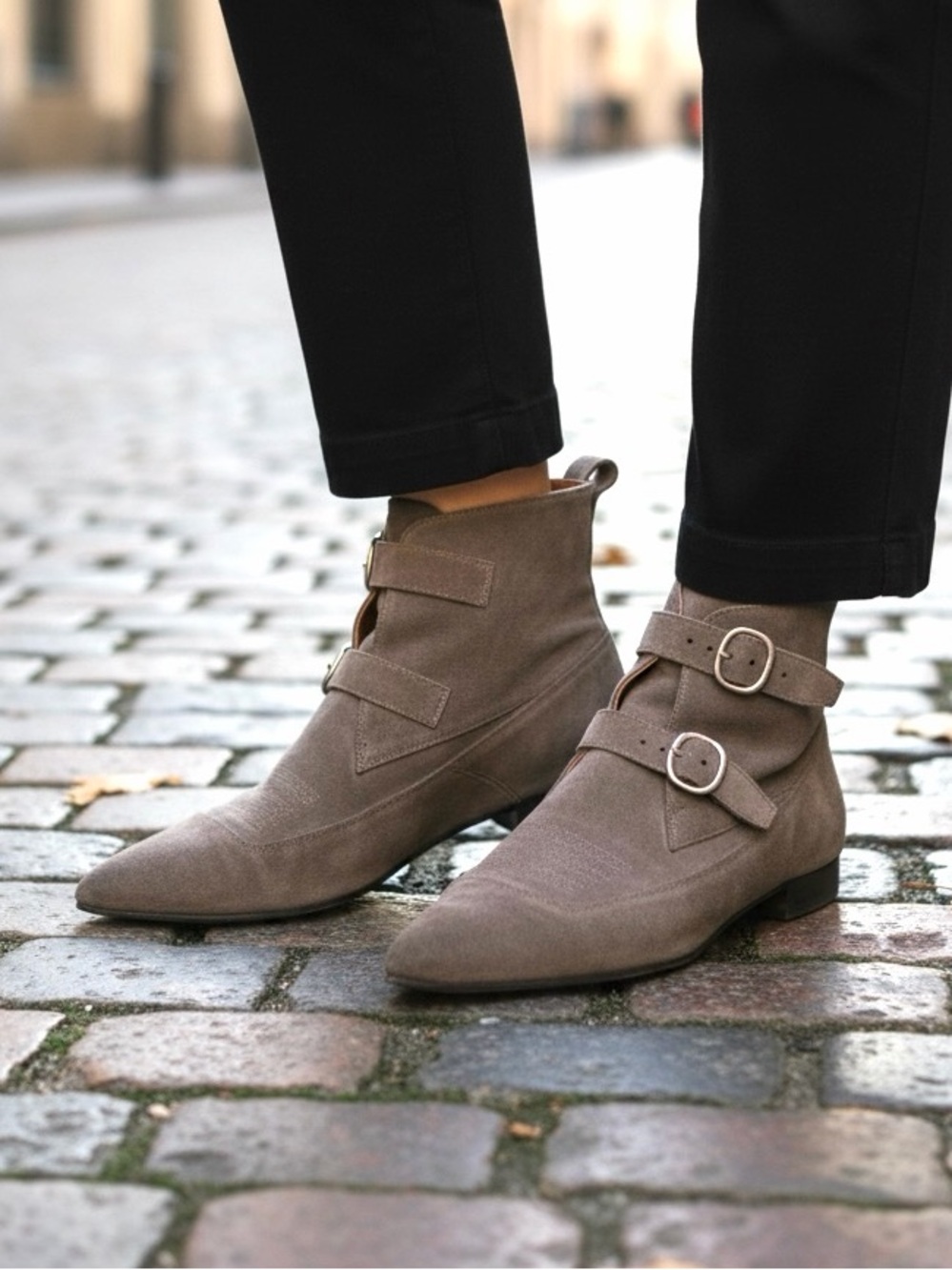 All Saints Viv Suede Leather Double-Buckle Ankle Boots in Taupe Size 9